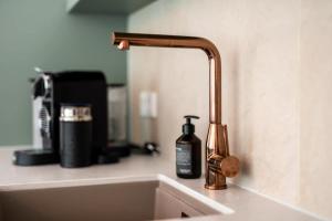 een wastafel met een fles zeep naast een badkamerkastje bij Waldvilla Haus Gustav am Ostseestrand in Lubmin +46 foto's