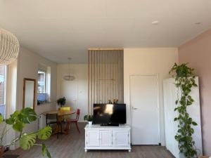 a living room with a tv on a white cabinet at Studio Brinkstraat in Hoogeveen
