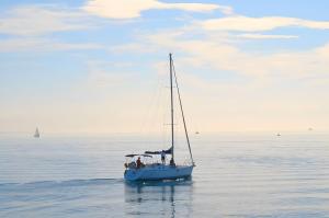 un barco flotando en el agua en el océano en Ferienwohnung am Kniebach, en Immenstaad am Bodensee 2 fotos más