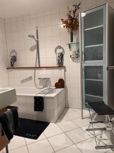 ein Badezimmer mit Dusche und Waschbecken in der Unterkunft Exklusive Ferienwohnungen und Business Apartments Marburg in Marburg an der Lahn