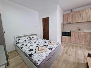 a bedroom with a large bed in a kitchen at Апартаменти село Баня in Banya