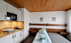 a small kitchen with a bed and a sink at Monteurzimmer Passau workers accommodation in Zwölfling
