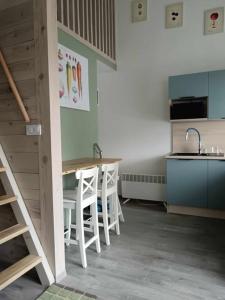 a kitchen with a table and chairs and a sink at Belvárosi Menedék in Nyíregyháza
