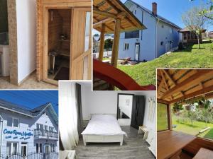 a collage of pictures of a house and a bed at Casa Roua Muntilor in Vatra Dornei