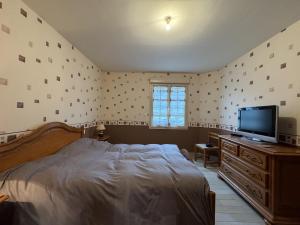 a bedroom with a bed and a flat screen tv at La Maison de la Tuffiere - 14pers - Circuit Bugatti in Le Grand-Lucé