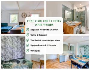 a collage of photos of a living room and a bedroom at Le Casenave - Very quiet and comfortable in Chennevières-sur-Marne