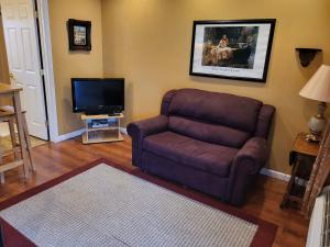 Una sala de estar con un sofá y un televisor. en Suites On Chocolate - The Theater, en Hershey