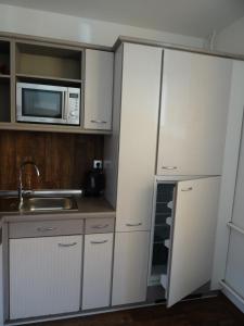 a kitchen with white cabinets and a microwave and a sink at Apartment Zum Keulenbergblick in Laußnitz