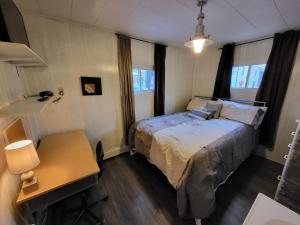 ein Schlafzimmer mit einem Bett, einem Schreibtisch und einem Fenster in der Unterkunft Suites On Chocolate - The Annville Cottage in Annville