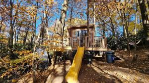 布恩Treehouse Glamping in Boone, NC的林中带滑梯的树屋