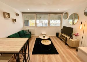 a living room with a green couch and a tv at L'Eden - Hypercentre - 2 pers in Le Mans