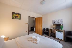 Una cama o camas en una habitación de Rodinný hotel Myslivna