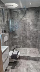 a bathroom with a shower with a toilet and a sink at Presov Stay Comfort in Prešov