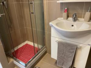 a shower with a glass door next to a sink and a mirror at Casa Sermoneta in Naples +21 photos