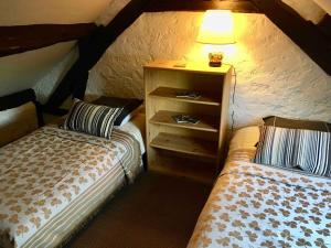a bedroom with two beds and a lamp on top at Maison de village avec grand jardin in Chaumont-sur-Tharonne