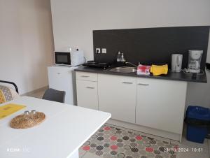 a kitchen with a counter and a sink and a table at LE VILLAGE DU PARC in Aigre