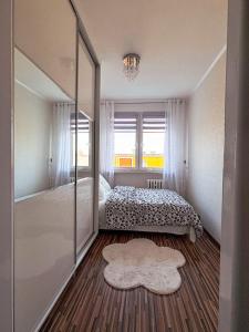 a bedroom with a bed and a walk in shower at Wałcz Homely Apartment in Wałcz
