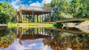 a bridge over a river with a reflection in the water at Teniqua Treetops in Sedgefield +15 photos