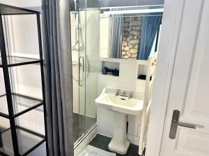 een badkamer met een wastafel en een douche bij HSH - LE CHAPELAIS CLICHY MONTMARTe in Parijs