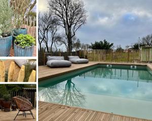 a collage of three pictures of a swimming pool at Romantique Love Room L Amour sous les Tropiques in Sémussac