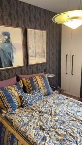 a bedroom with a bed with pillows on it at La galerie in Mulhouse +10 photos