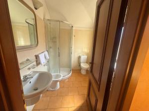 a bathroom with a sink and a shower and a toilet at Emma Lake Apartment lago di Viverone in Viverone