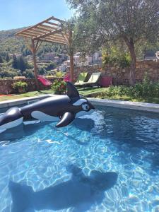 a statue of a killer whale in a swimming pool at Gîte SPA Piscine Cévennes in Saint-André-de-Majencoules +13 photos