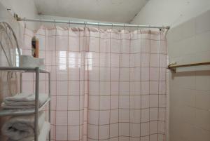 a bathroom with a pink tiled shower with a shower curtain at Departamento 2 a 200 mts de Imss 25 in Monterrey +4 photos