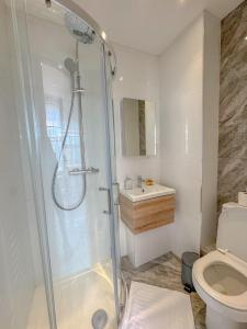 a bathroom with a shower and a toilet and a sink at Earls Court Residences in London