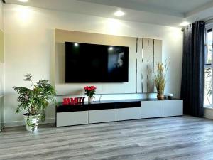 a living room with a tv on the wall at Modern Duplex in Greystones in Na Clocha Liatha