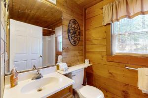 a bathroom with a white toilet and a sink at Country Cottage in Sautee Nacoochee