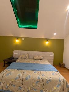 a bedroom with a bed and a green wall at CharDara Agrotourism & FarmStay in Mahabaleshwar