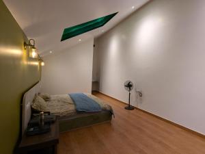 a bedroom with a bed and a green ceiling at CharDara Agrotourism & FarmStay in Mahabaleshwar