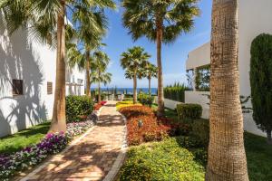 a walkway through a garden with palm trees and flowers at Cathy in San Juan de los Terreros