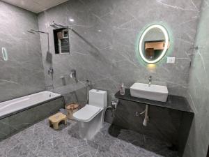 a bathroom with a sink and a toilet and a mirror at CharDara Agrotourism & FarmStay in Mahabaleshwar