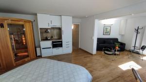 a room with a bed and a kitchen and a living room at Studio 40 m2 avec sauna proche de Strasbourg in Mittelhausbergen