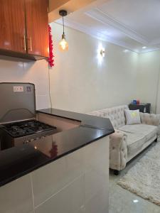 eine Küche mit Herd und einer Couch in einem Zimmer in der Unterkunft Haven Homes in Ruiru