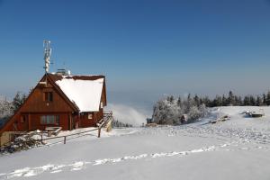 Cabaña de madera en la nieve con suelo cubierto de nieve en Chata Javorový Vrch, en Tyra