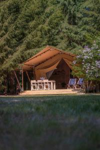 ŁawkiWolny Las Glamping na Mazurach的帐篷内配有桌椅