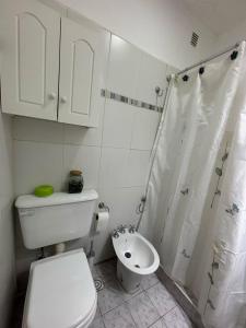 a white bathroom with a toilet and a shower at Departamento La Rotonda in Santa Rosa
