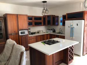 キャバレテにあるVilla luxury Cabareteの木製のキャビネットと白い冷蔵庫を備えたキッチン