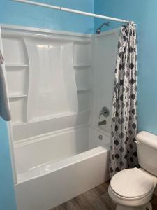 a bathroom with a white tub and a toilet at Theater, heated pool and hot tub near HPU and Furniture Market in Jamestown +12 photos