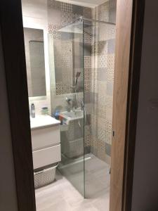 a bathroom with a glass shower and a sink at Urban Apartment Master Quart in Podgorica