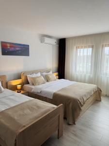 a hotel room with two beds and a window at Pensiune Restaurant Indus in Ocna Sibiului +56 photos