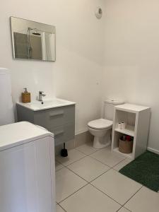 une salle de bain blanche avec un lavabo et des toilettes dans l'établissement Zenith St Étienne Appartement, à Saint-Étienne