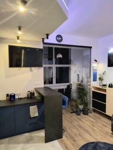 a living room with a counter and a desk at Century Apartment in Wrocław