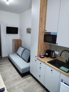 a kitchen with a couch in the corner of a room at Apartamenty Ustroń in Ustroń