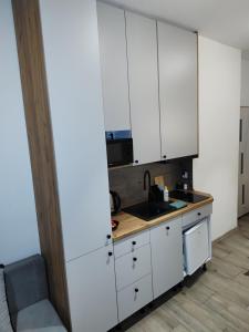 a kitchen with white cabinets and a sink at Apartamenty Ustroń in Ustroń