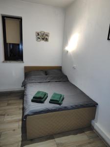 a bed in a room with two green pillows on it at Apartamenty Ustroń in Ustroń