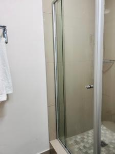 een douche met een glazen deur in een badkamer bij 47 on Hyde Park in Kaapstad +4 foto's